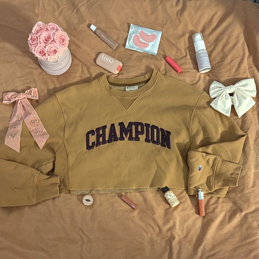 Champion Tan Cropped Sweatshirt with Logo